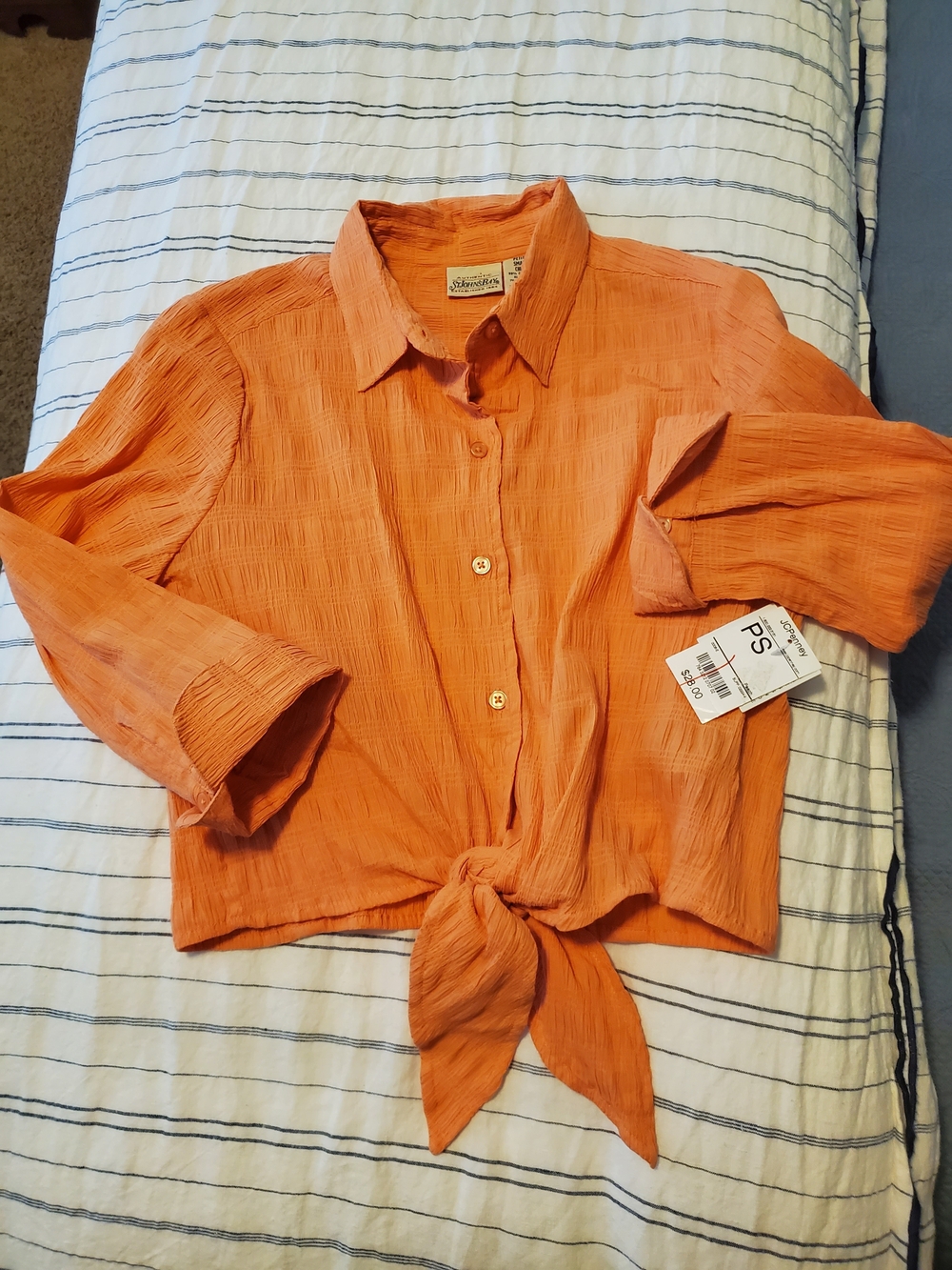 St Johns Bay Orange Cropped Button-Front Tie Hem Shirt, SP